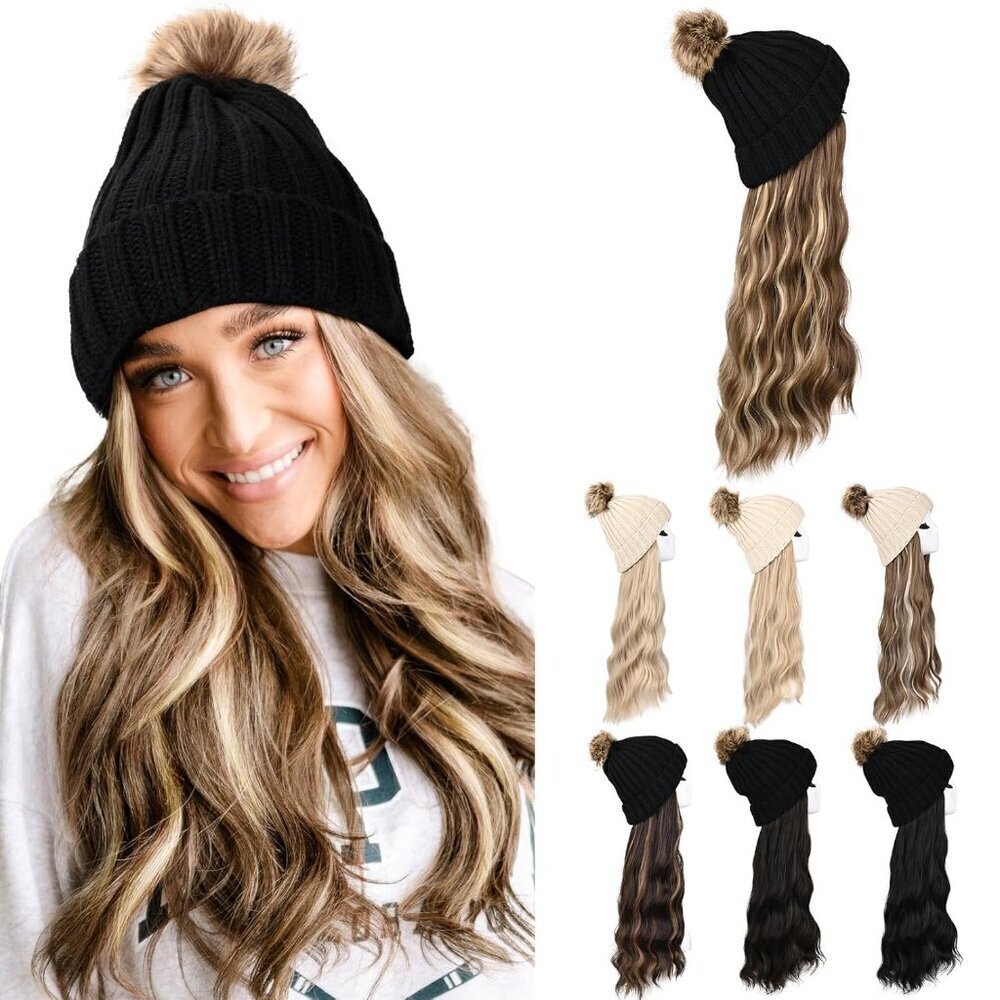 Knitted Beanie Wig Synthetic Hair Extensions One Size Winter Women Girls